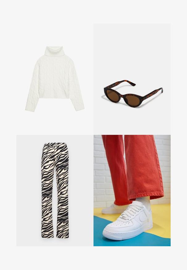 Fehér kötött garbó pulóver, cropped fazonnal, bordás ujjak és alj található rajta. Puha tapintású, kényelmes, vastag dizájnnal.; Noisy May NMDESTINY FLARED PANTS - Nadrágok - black; Fehér bőr edzőcipő perforált orral, texturált talppal és fehér fűzővel, széles vörös nadrággal párosítva, kék és sárga háttérrel.; Barna teknősbéka napszemüveg vintage macska szemformával és barna lencsékkel. Íves karokkal rendelkezik, amelyek piros részletekkel vannak ellátva.