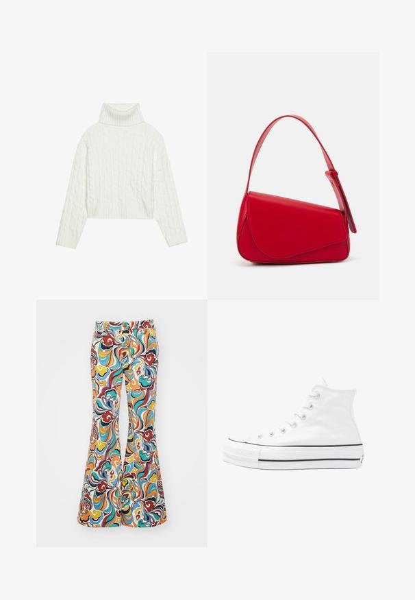 Weißer, kabelgezopfter Rollkragenpullover mit kurzem Schnitt, der gerippte Bündchen und Saum aufweist. Weiche Textur mit einem gemütlichen, dicken Design.; Ausgestellt geschnittene Hose aus Stoff mit einem bunten gewundenen Muster in Rot-, Blau-, Orange- und Gelbtönen, mit einem knopfgeknöpften Bund.; Weiße hochwertige Leinensneaker mit schwarzer Gummisohle, vorderem Gummizehenschutz und sechs Ösen für Schnürsenkel, die ein sauberes, minimalistisches Design aufweisen.; Rote Lederhandtasche mit einem kantigen, geometrischen Design. Verfügt über einen verstellbaren Schulterriemen und einen Klappenverschluss mit genähten Details.