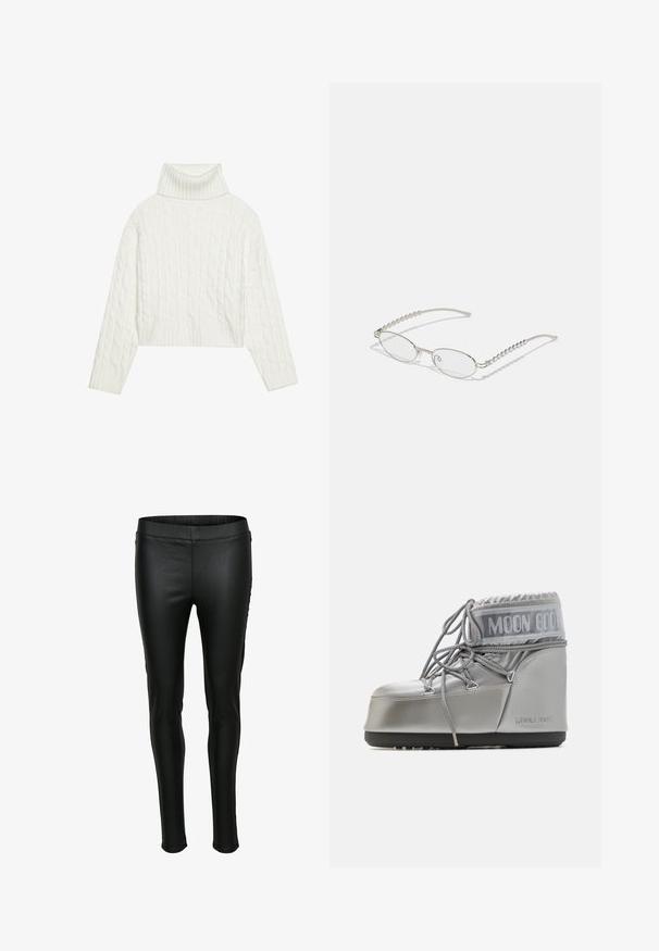 Weißer, kabelgezopfter Rollkragenpullover mit kurzem Schnitt, der gerippte Bündchen und Saum aufweist. Weiche Textur mit einem gemütlichen, dicken Design.; Schwarze Leggings aus Kunstleder mit glatter Textur, figurbetontem Schnitt und elastischem Bund. Minimale Nähte und keine Taschen.; Silberner wasserdichter Stiefel mit runder Form, strukturiertem Finish und grauen Schnürsenkeln. Besitzt ein großes "MOON BOOT"-Logo im oberen Bereich.; Ovale Brillen mit einem metallisch-silbernen Rahmen, klaren Gläsern und strukturierten Perlenakzenten an den Bügeln. Leichtes Design mit gebogenen Bügeln.