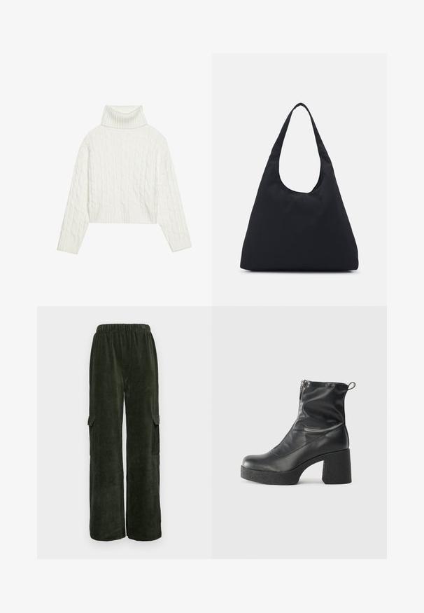 Fehér kötött garbó pulóver, cropped fazonnal, bordás ujjak és alj található rajta. Puha tapintású, kényelmes, vastag dizájnnal.; Sötétzöld kordbársony cargo nadrág, laza szabással, két oldalsó zsebbel és kényelmes gumis derékkal. Texturált anyag.; Fekete bokacsizmák sima bőrből, oldalsó cipzárral, vastag, texturált sarkú és lekerekített orrú dizájnnal.; Fekete szövet táska egyetlen, széles vállpánttal. Puha, félstruktúrált forma és sima textúra; minimális dizájn, látható fémalkatrészek nélkül.