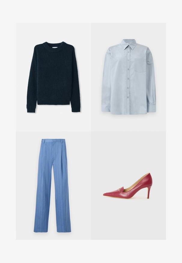Tmavomodrý pletený sveter s okrúhlym výstrihom, dlhými rukávmi a rebrovanými manžetami. Mäkká textura, ľahký dizajn a voľný strih.; Svetlo modrá košeľa s dlhým rukávom, gombíková, s špicatým golierom a náprsníkom, položená na bielom pozadí.; Svetlomodré široké nohavice s vertikálnymi bielymi pruhmi. Vyrobené z hladkého materiálu, s predným záhybom a jednoduchým dizajnom pásu.; Červená kožená lodička s špicatou špičkou a hladkým povrchom, so špeciálnym preklopením a zlatými kovovými detailmi na priehlavku.