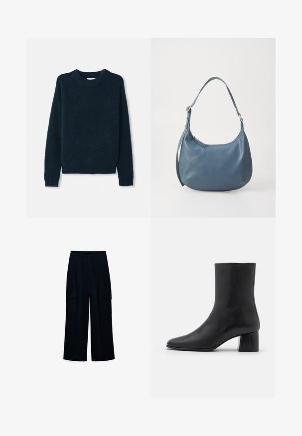 Pull en maille bleu marine foncé avec un col rond, des manches longues et des bords côtelés. Texture douce, design léger et coupe décontractée.; Pantalons larges à taille haute en tissu bleu marine foncé. Comprend des plis et two poches cargo latérales. Texture lisse avec un design épuré.; Bottine en cuir noir avec un bout pointu et un talon carré épais. Texture lisse avec un design sans coutures et descoutures minimalistes.; Sac à main en cuir bleu avec une forme arrondie, une seule bandoulière, fermeture zippée et nom de la marque en relief sur le devant. Texture lisse.