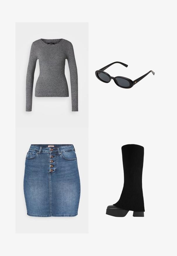Šedý žebrovaný svetr s dlouhými rukávy a kulatým výstřihem. Vyroben z texturované pleteniny, s přiléhavým střihem.; Džínová sukně ve středně modré barvě s přiléhavým siluetou. Obsahuje pětivrstvové zapínání vpředu, dvě přední kapsy a prošité lemy.; Černé kozačky do poloviny stehen se ribbovaným textilním svrškem, robustní platformou a blokovým podpatkem, s hladkou strukturou a elegantním, moderním designem.; Černé oversized sluneční brýle s oválnými čočkami, hladkým plastovým rámem a zlatými akcenty na spáncích. Tmavé čočky poskytují ochranu před sluncem.