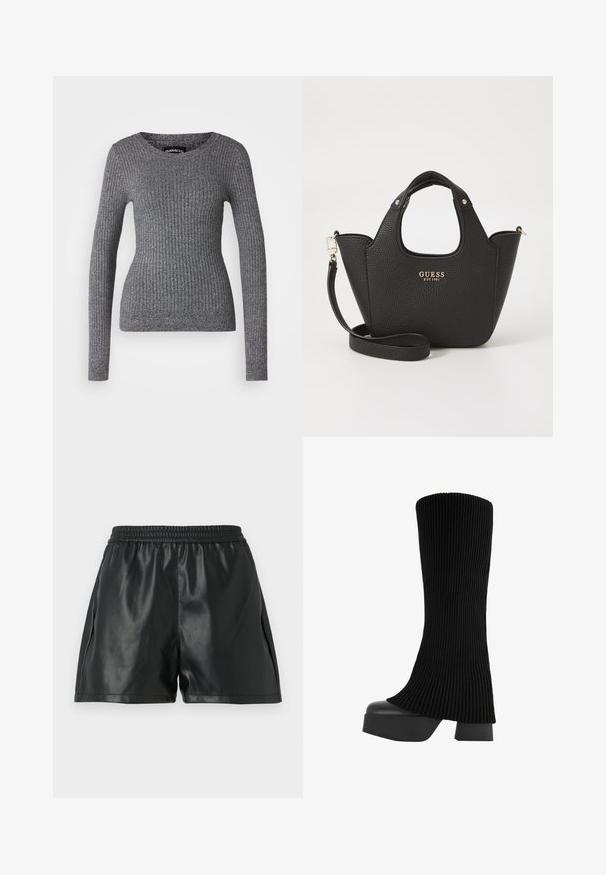 Grijze geribde sweater met lange mouwen en een ronde hals. Gemaakt van gebreide textuurstof, met een getailleerde snit.; Zwarte nep leren shorts met een elastische tailleband, voorzien van een gladde textuur en een losse pasvorm. Geen zichtbare patronen of accenten.; Zwarte knielange laars met een ribbelstof bovenkant, chunky platformzool en blokhak, met een gladde textuur en een stijlvolle, moderne uitstraling.; Zwarte getextureerde handtas met korte handgrepen en een afneembare schouderband. Voorzien van een gouden logo-accent. Compacte, gestructureerde vorm.
