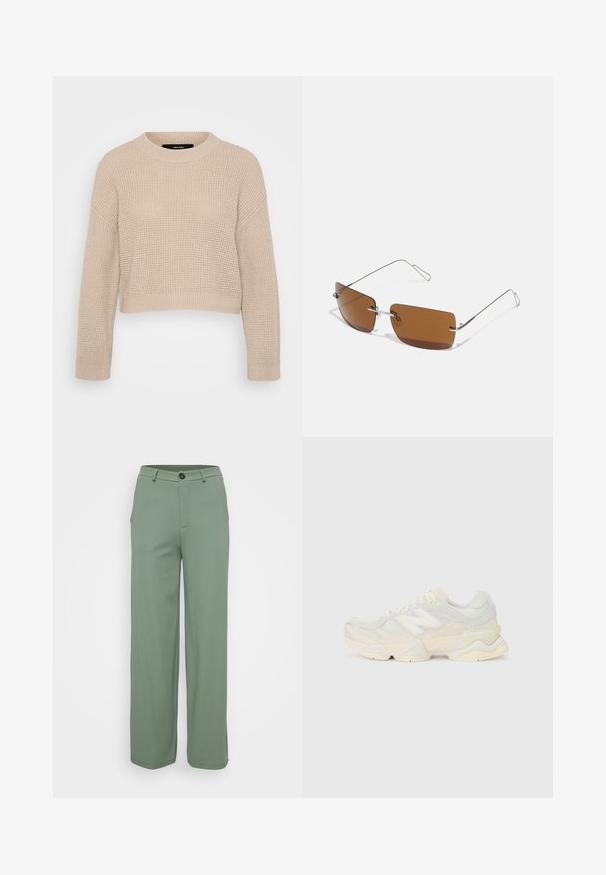 Beige gebreide trui met een ronde halslijn, drop shoulder ontwerp en geribbelde randen. Gestructureerde stof en cropped lengte.; Brede broek in een lichtgroene stof met een zachte textuur. Voorzien van een knoopsluiting aan de voorkant en twee zijzakken.; Lichte sneaker met een bovenwerk van mesh en suede in zachte crèmekleuren, met een chunky zool en driedimensionale accenten.; Bruine rechthoekige zonnebril met dunne zilveren metalen monturen en neusbrugsteunen. De glazen zijn vlak en licht getint.