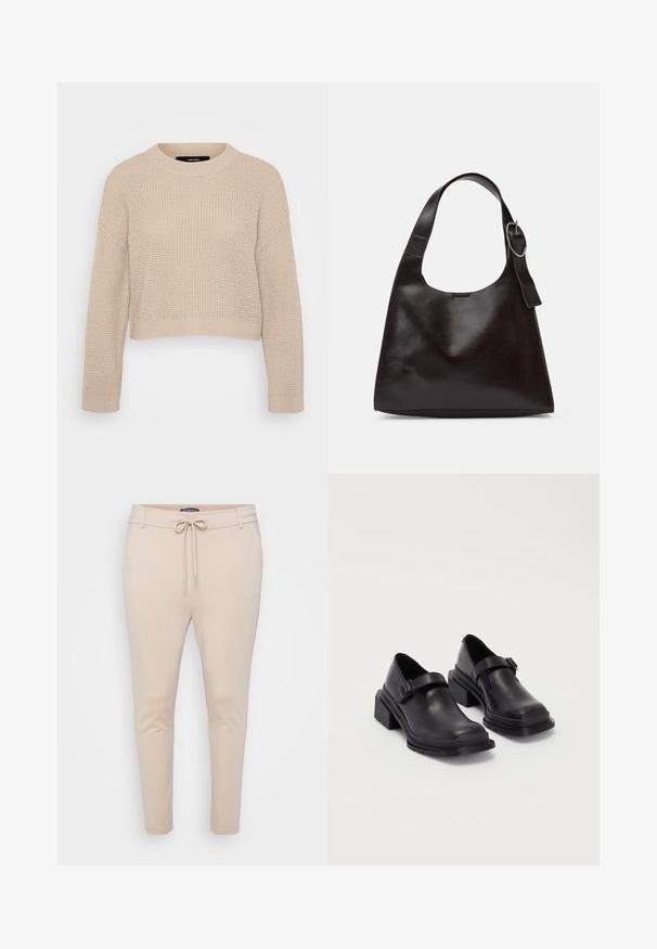 Suéter de malha bege com decote redondo, design de ombro caído e bainhas caneladas. Tecido texturizado e comprimento cropped.; Calças jogger leves em bege, com cintura elástica e cordão, e dois bolsos laterais. Textura suave, pernas afuniladas e detalhes de costura mínimos.; Sapatos de couro pretos com um bico redondo, sola plana e uma fita com detalhe de fivela. Salto bloco robusto para maior estabilidade.; Bolsa de ombro em pele castanha com uma textura suave, forma arredondada, alça larga e um detalhe metálico circular na pega.