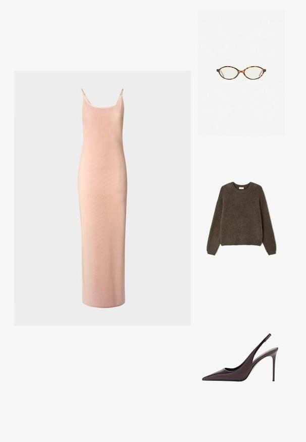 Pull marron et duveteux avec un col rond et des manches longues. Fabriqué à partir d'un matériau doux, il présente une coupe décontractée et un design minimaliste.; Robe longue et ajustée en tissu rose doux. Elle dispose de fines bretelles, d'un col en scoop et d'une texture lisse avec un léger éclat.; Pompe à talon aiguille en cuir verni bordeaux, à bout pointu et talon stiletto fin. Texture lisse et design minimaliste.; Lunettes en écaille de tortue avec des verres ovales et une finition lisse et élégante. Présente des branches fines avec une courbure subtile au niveau des tempes. Verres transparents.; Foulard triangulaire gris foncé en tissu doux. Présente une texture lisse avec des bords légèrement arrondis et un pli au centre.