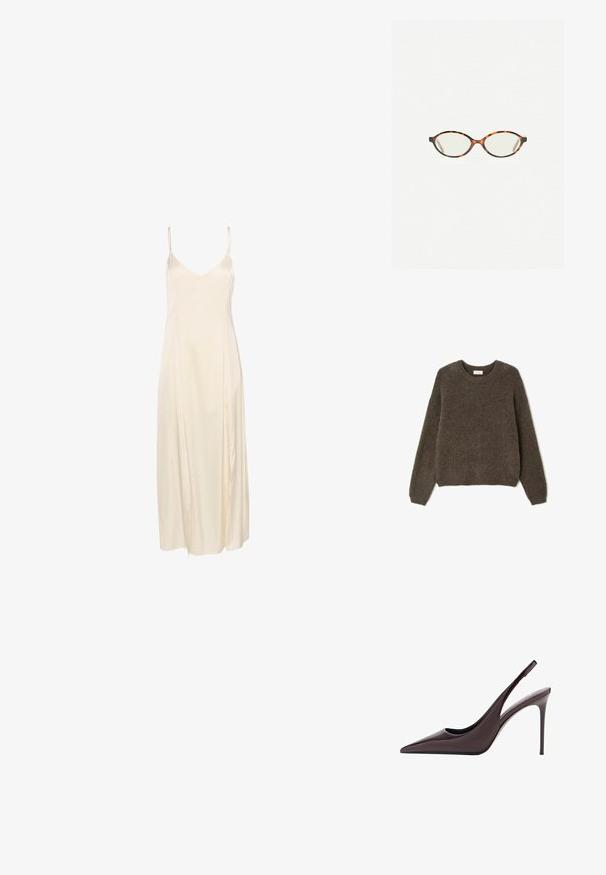 Brauner, kuscheliger Pullover mit Rundhalsausschnitt und langen Ärmeln. Hergestellt aus einem weichen Material, hat er einen lockeren Schnitt und ein minimalistisches Design.; Ivory Satin-Nachtkleid mit dünnen Spaghetti-Trägern, einem tiefen V-Ausschnitt und einem fließenden, knöchellangen Design. Glatte Textur und minimale Nähte.; Burgunderfarbene Lackleder-Pumps mit hohem Absatz und Slingback in spitzem Design sowie schlankem Stöckelabsatz. Glatte Textur und minimalistisches Design.; Schildpatt-Eyegläser mit ovalen Gläsern und einer eleganten, glatten Oberfläche. Mit dünnen Seiten und einer subtilen Kurve an den Schläfen. Klare Gläser.; Dunkelgrauer dreieckiger Schal aus weichem Stoff. Besitzt eine glatte Textur mit leicht abgerundeten Kanten und einer Falte in der Mitte.