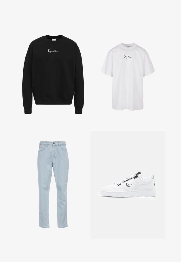 Mustassa puuvillaneuleessa on pyöreä kaula-aukko. Rinnassa on valkoinen brodeerattu logo ja ribbikujat hihoissa sekä helmassa.; Valkoinen puuvillapaita, jossa on pyöreä kaula-aukko ja lyhyet hihat, ja musta brodeerattu logo keskellä rintaa.; Vaaleansiniset farkut suoran lahkeiden tyyliin, viisi taskua ja metallinappikiinnitys. Sujuva rakenne ja lievät kulutustiedot.; Valkoinen nahkakenkä mustilla yksityiskohdilla, jossa on allekirjoituslogo sivussa, pyöreä kärki ja teksturoitu kumipohja.