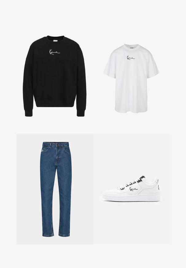 Mustassa puuvillaneuleessa on pyöreä kaula-aukko. Rinnassa on valkoinen brodeerattu logo ja ribbikujat hihoissa sekä helmassa.; Valkoinen puuvillapaita, jossa on pyöreä kaula-aukko ja lyhyet hihat, ja musta brodeerattu logo keskellä rintaa.; Siniset farkut suoran lahkeen leikkauksella, etutaskuilla, vyölenkeillä ja hieman haalistetulla pinnalla. Ompeleet näkyvät saumoissa.; Valkoinen nahkakenkä mustilla yksityiskohdilla, jossa on allekirjoituslogo sivussa, pyöreä kärki ja teksturoitu kumipohja.