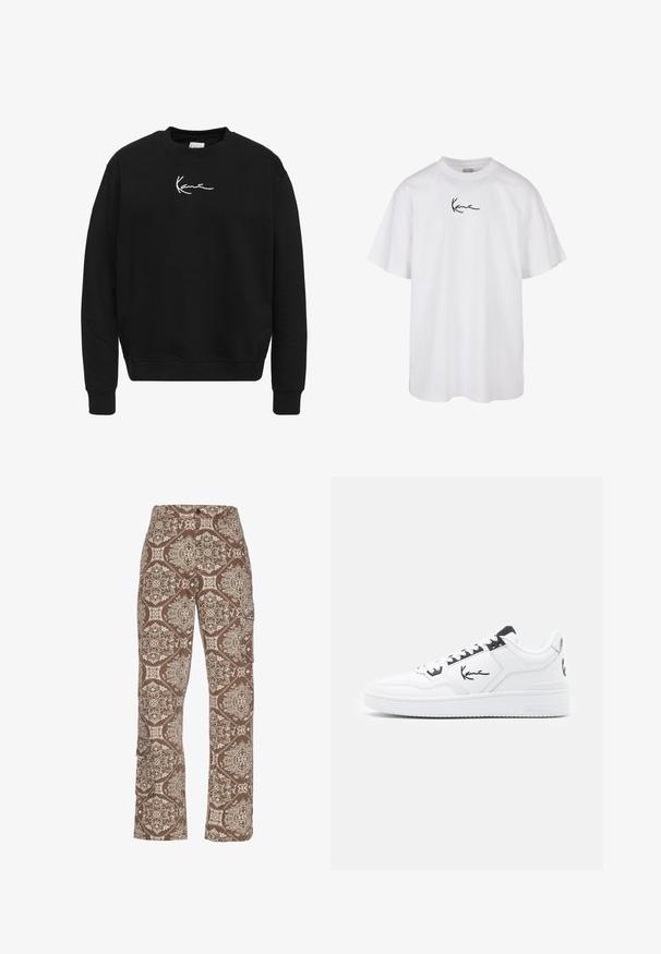 Fekete pamut pulóver kerek nyakkal. Fehér hímzett logóval rendelkezik a mellrészen, valamint bordázott mandzsettával és aljjal.; Fehér pamut póló kerek nyakkivágással és rövid ujjakkal, a mellkasán középen elhelyezett fekete hímzett logóval.; Barna mintás cargo nadrág, bonyolult krém és világosbarna mintákkal, oldalsó zsebekkel és laza szabással.; Fehér bőr sportcipő fekete akcentusokkal, oldalon található jellegzetes logóval, kerek orral és textúrált gumitalppal.