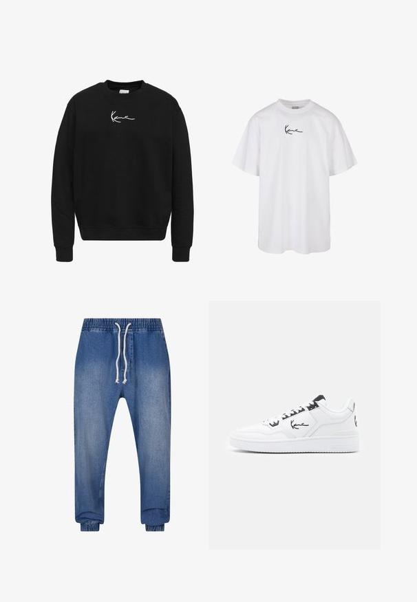 Juodas medvilnės džemperis su apvalia iškirpte. Puošniai siuvinėtas baltas logotipas krūtinėje, o rankogaliai ir apačia su isrišimu.; Balta medvilninė marškinėliai su apvalia iškirpte ir trumpomis rankovėmis, centre krūtinėje turi juodą siuvinėtą logotipą.; Džinsinio audinio džogeriai su elastinga juosmeniu, reguliuojamu raiščiu ir elastinėmis rankovėmis. Išsiskiria šviesiai mėlynu skalbimu ir lygia tekstūra.; Balti odiniai sportbačiai su juodais akcentais, su charakteringu logotipu šone, apvalia nosimi ir tekstūruotu gumininiu padu.