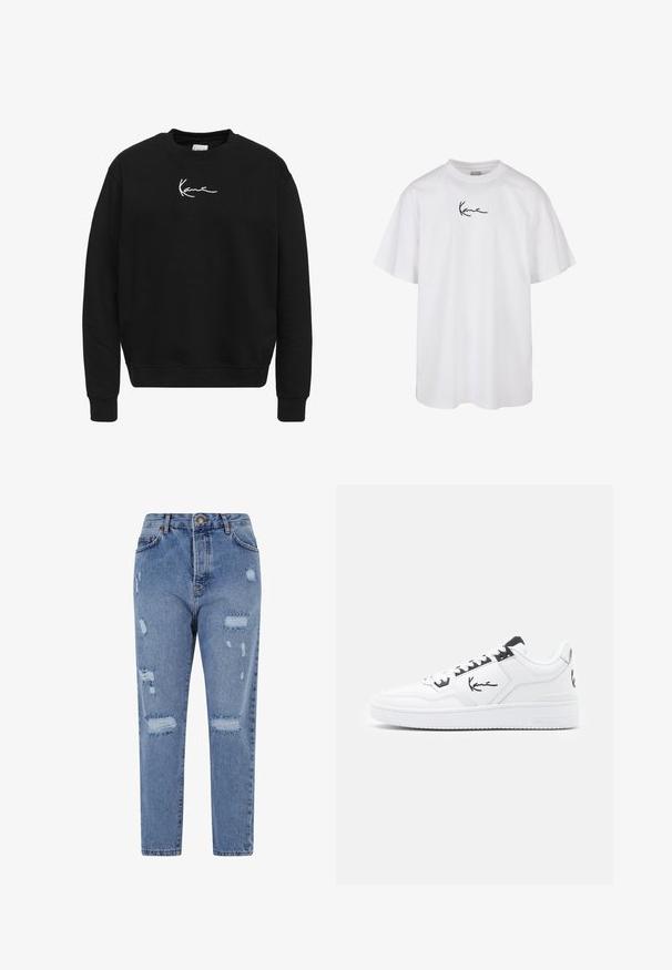 Black sweatshirt made of cotton with a crew neck. Features white embroidered logo on the chest and ribbed cuffs and hem.; White cotton t-shirt featuring a round neckline and short sleeves, with a black embroidered logo centered on the chest.; Light blue denim jeans with a high waist, straight leg, and distressed design featuring rips and frayed edges throughout.; White leather sneaker with black accents, featuring a signature logo on the side, round toe, and textured rubber sole.
