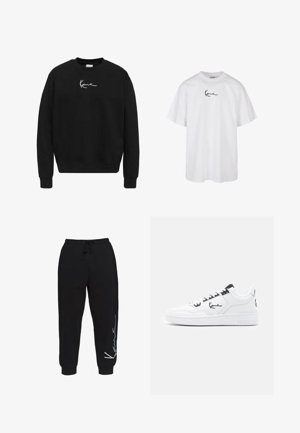 Schwarzes Sweatshirt aus Baumwolle mit Rundhalsausschnitt. Verfügt über ein weißes gesticktes Logo auf der Brust sowie gerippte Bündchen und Saum.; Weißes Baumwoll-T-Shirt mit rundem Halsausschnitt und kurzen Ärmeln, mit einem schwarz gestickten Logo, das in der Mitte der Brust platziert ist.; Schwarze Sweatpants aus Baumwolle, mit einem elastischen Bund und Kordelzug, tapered Beinen und einem weißen Logo-Design auf der linken Seite.; Weiße Leder Sneaker mit schwarzen Akzenten, versehen mit einem charakteristischen Logo an der Seite, runder Zehenform und strukturiertem Gummisohle.