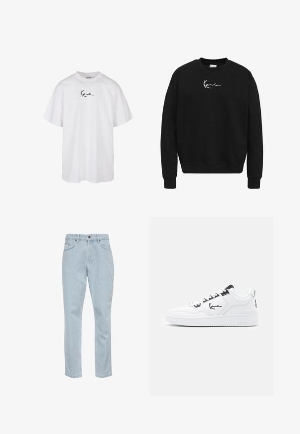 Zwarte sweatshirt van katoen met een ronde hals. Heeft een wit geborduurd logo op de borst en ribgebreide manchetten en onderrand.; Witte katoenen t-shirt met een ronde halslijn en korte mouwen, voorzien van een zwart geborduurd logo in het midden van de borst.; Lichtblauwe denim jeans met een rechte pijpdesign, vijf zakken en metalen knoopsluiting. Glad textuur en lichte vervaging details.; Witte leren sneaker met zwarte accenten, voorzien van een handtekeninglogo aan de zijkant, ronde neus en een textuur rubberen zool.
