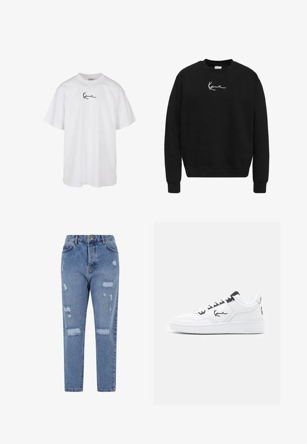 Felpa nera in cotone con colletto girocollo. Presenta un logo ricamato bianco sul petto e polsini e orlo a coste.; T-shirt bianca in cotone con scollatura tonda e maniche corte, con un logo ricamato nero centrato sul petto.; Jeans in denim blu chiaro con vita alta, gamba dritta e design sfrangiato con strappi e bordi sfilacciati.; Sneaker bianca in pelle con dettagli neri, caratterizzata da un logo distintivo sul lato, punta rotonda e suola in gomma testurizzata.