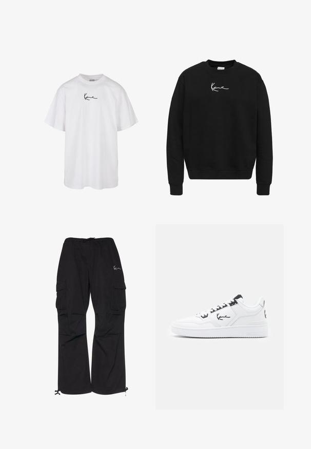 Schwarzes Sweatshirt aus Baumwolle mit Rundhalsausschnitt. Verfügt über ein weißes gesticktes Logo auf der Brust sowie gerippte Bündchen und Saum.; Weißes Baumwoll-T-Shirt mit rundem Halsausschnitt und kurzen Ärmeln, mit einem schwarz gestickten Logo, das in der Mitte der Brust platziert ist.; Schwarze Cargo-Hosen aus leichtem Material, mit elastischem Bund und Kordelzug, seitlichen Taschen und verstellbaren Bündchen.; Weiße Leder Sneaker mit schwarzen Akzenten, versehen mit einem charakteristischen Logo an der Seite, runder Zehenform und strukturiertem Gummisohle.