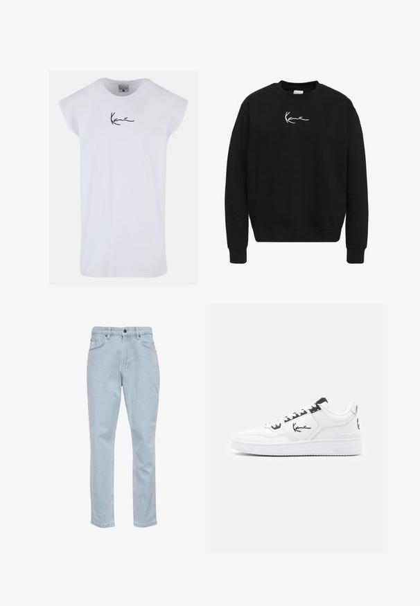 Czarna bluza z bawełny z okrągłym dekoltem. Posiada białe wyszywane logo na piersi oraz ściągacze przy mankietach i u dołu.; Karl Kani SMALL SIGNATURE TEE - Top; Jasnoniebieskie dżinsy z prostymi nogawkami, pięcioma kieszeniami i metalowym zapięciem. Gładka faktura i delikatne efekty wyblaknięcia.; Białe skórzane sneakersy z czarnymi akcentami, z charakterystycznym logo na boku, okrągłym noskiem i teksturowaną gumową podeszwą.