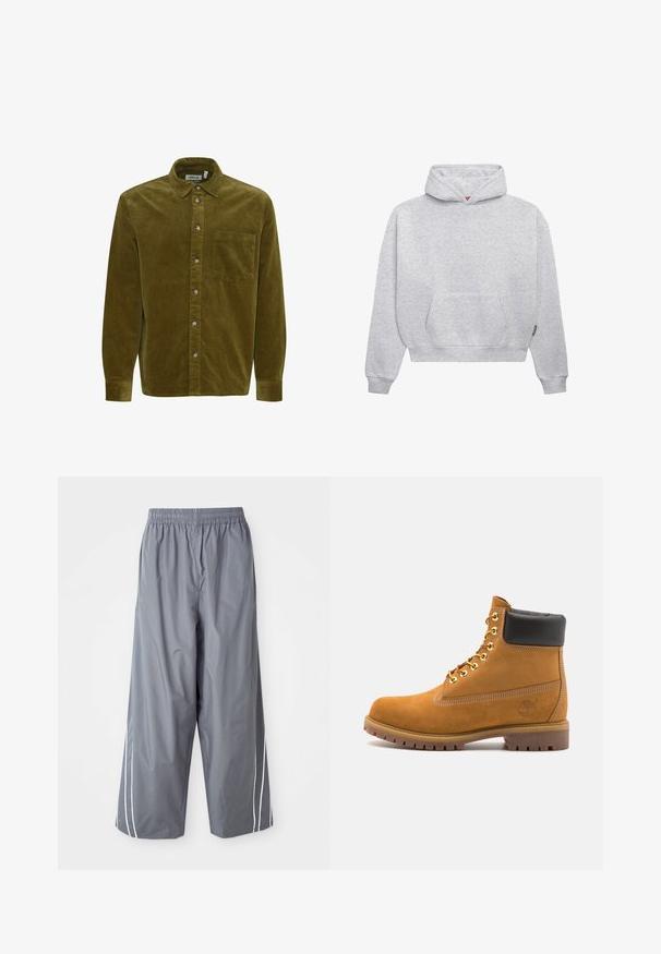 Haut de hoodie gris clair en coton mélangé doux. Il comporte une poche kangourou, des poignets côtelés et une capuche à cordon avec un design minimaliste.; Chemise en velours côtelé vert olive avec un col boutonné, une poche devant et des boutons argentés. Manches longues avec détails aux poignets.; Pantalons large en synthétique gris, légers, avec une taille élastique et des rayures blanches sur les côtés. Texture lisse avec un design décontracté.; Bottine en daim beige avec un col rembourré noir, œillets en métal doré, détails de surpiqûres blanches et semelle en caoutchouc robuste avec des crampons prononcés.