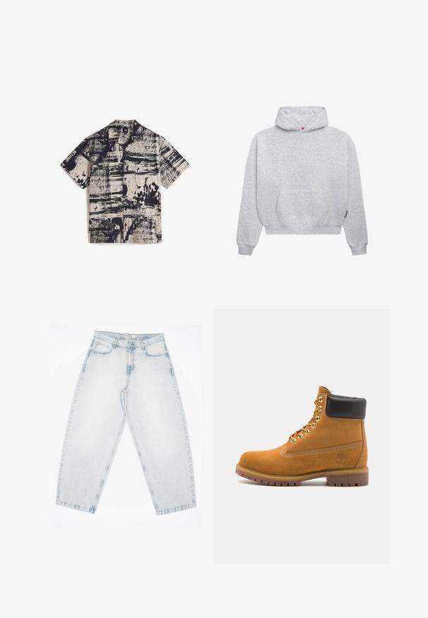 Lichtgrijze pullover hoodie van een zachte katoenmix. Voorzien van een kangoeroezak, ribgebreide manchetten en een capuchon met trekkoord in een minimalistisch ontwerp.; Vans Overhemd - medium brown; Lichtblauwe spijkerbroek met een losse, baggy pasvorm. Heeft vijf zakken, knoopsluiting en gestikte details. Verbleekt textuur en rechte pijpen.; Tan suède enkelboot met zwart gevoerd kraagje, gouden metalen oogjes, witte stikdetails en een robuuste rubberen zool met uitgesproken profiel.