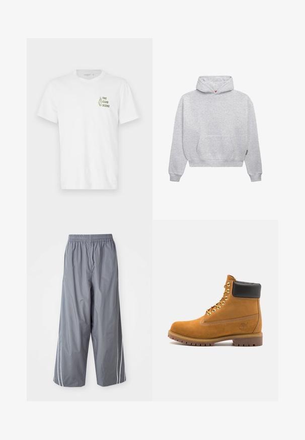 Világosszürke pulóver kapucnis felső, puha pamut keverékből készült. Kenguruzsebet, bordás mandzsettákat és letisztult dizájnnal rendelkező húzózsinóros kapucnit tartalmaz.; Fehér pamut póló, amelyen zöld betűkkel a "THE CLUB SCENE" felirat található, a bal mellen, egyszerű kerek nyakkivágással.; Szürke, könnyű, szintetikus, bő szárú nadrág, rugalmas derékrésszel és fehér oldalsávokkal. Sima textúra, laza dizájn.; Barna velúr bokacipő fekete párnázott gallérral, arany fém fűzőlyukakkal, fehér varrási részletekkel és durva gumitalppal, amelynek kifejezett barázdái vannak.