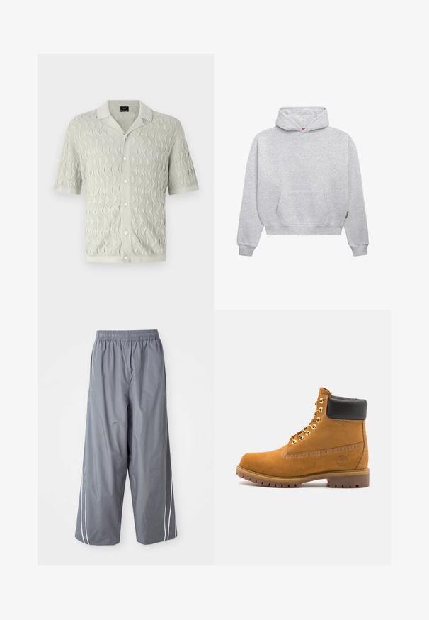 Hellgrauer Pullover-Hoodie aus weichem Baumwollmix. Verfügt über eine Kängurutasche, gerippte Bündchen und eine Kapuze mit Zugband in minimalistischem Design.; Kurzärmliges, hellgraues Strickshirt mit Wellenmuster, Kragen und Knopfverschluss aus texturiertem Stoff.; Graue, leichte, synthetische weit geschnittene Hosen mit elastischem Bund und weißen Seitenstreifen. Glatte Textur mit einem lässigen Design.; Beige Wildleder-Ankle-Boot mit schwarzem gepolstertem Kragen, goldenen Metallösen, weißen Nähdetalben und einer robusten Gummisohle mit ausgeprägtem Profil.