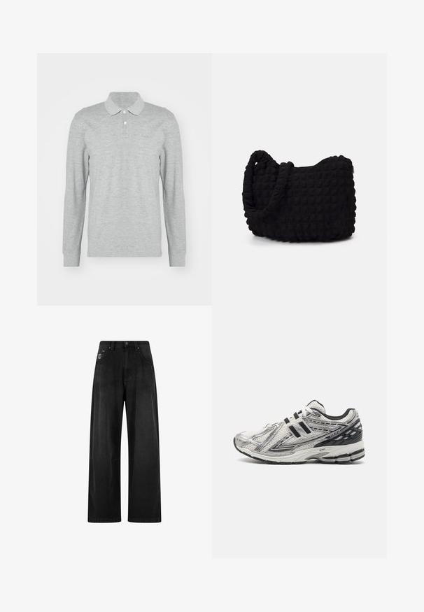 Jasnoszara bluza z kapturem wykonana z miękkiej mieszanki bawełny. Posiada kangurzą kieszeń, ściągacze przy mankietach oraz regulowany kaptur o minimalistycznym designie.; Szara, długosleeve polo wykonana z miękkiego materiału; posiada kołnierzyk, trzy guziki oraz subtelnie haftowane logo na klatce piersiowej.; Szerokie czarne dżinsy z wysokim stanem, z czterema kieszeniami i małą metką z logo z przodu. Gładka tekstura, podstawowy fason.; Męskie buty biegowe w białej siateczce z czarnymi akcentami, z wyściełaną podeszwą, sznurowanym designem i teksturowaną powierzchnią dla lepszej przyczepności.; Czarna torba z materiału o fakturowanym, pikowanym wzorze. Owalny kształt, krótkie, grube rączki oraz miękka, elastyczna struktura.