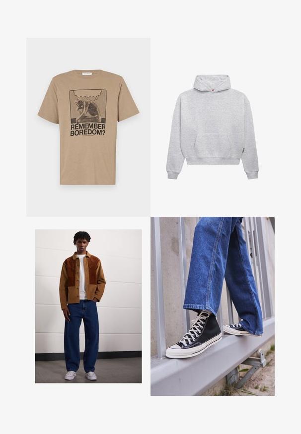 PROHIBITED UNISEX  - Pulover s kapuco - grey melange; Bežna bombažna majica s grafiko, ki prikazuje postavo v mislih, ter besedilo "SE SPOMNIŠ DOSADE?" natisnjeno v črni barvi. Načrt s krožnim ovratnikom.; Moški stoji v notranjosti, oblečen v rjav žametni jopič z rjavimi madeži, bel t-shirt, ohlapne modre kavbojke in bele superge.; Črne visoke teniske z belim podplatom in vezalkami, v kombinaciji z ohlapnimi modrimi džinsom, naslonjene na sivo ograjo.