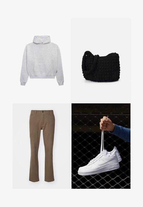 Šviesiai pilkas puloveris su gaubtu, pagamintas iš minkštos medvilnės mišinio. Savyje turi kengūros tipo kišenę, raštuotas rankoves ir gaubtą su virvelėmis minimalistiniame stiliuje.; Rudos tiesaus kojų kelnes, pagamintas iš medvilnės su lygiu paviršiumi, su mygtuko uždarymu, užtrauktuku ir priekinėmis kišenėmis.; Balti odiniai sportiniai bateliai su perforacijomis, apvalia nosimi, plokščiu padu ir storomis raištelėmis, su matomu swoosh logotipu ir "AIR" ant kulno.; Juodas audinio maišelis su tekstūruota, siuvinėta raštu. Apvalios formos, trumpi, stori rankenėlės ir minkšta, lanksti struktūra.