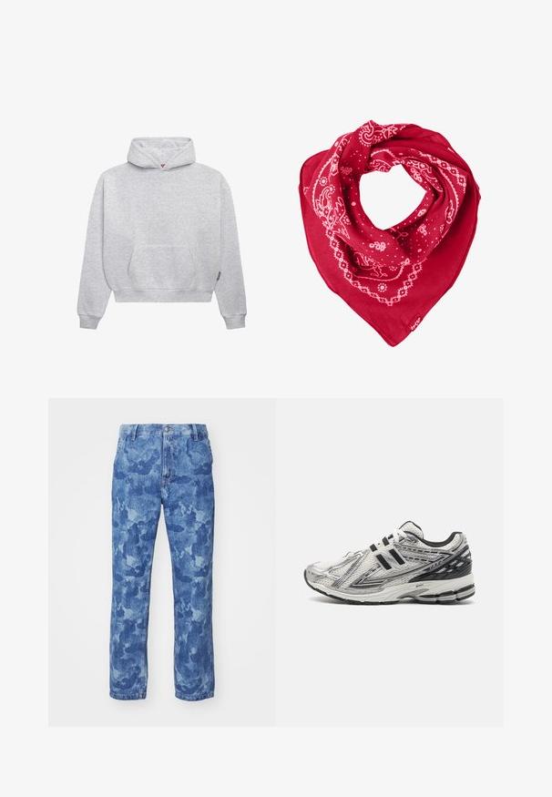 Svetlo siva pulover majica s kapuco, izdelana iz mešanice mehkega bombaža. Ima kenguru žep, rebraste manšetne in kapuco z vrvico v minimalističnem dizajnu.; Kratke svetlo modre kavbojke s pranjem; ravno krojene z rahlo zbledelim vzorcem; standardna zasnova s petimi žepi in kovinskim zapiranjem.; Moški tekaški čevlji v beli mrežasti tkanini z črnimi poudarki, z oblazinjeno podplatom, zavezovanjem in strukturirano površino za oprijem.; Rdeč bandana šal iz bombaža, ki ima bele paisley in pikčaste vzorce, z ukrivljeno obliko in obročkom v spodnjem kotu.