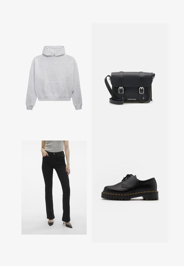 Svetlá šedá mikina s kapucňou vyrobená z mäkkej zmesi bavlny. Obsahuje klokanie vrecko, rebrované manžety a kapucňu so šnúrkou v minimalistickom dizajne.; Čierne rozšírené džínsy so hladkou textúrou, dizajnom piatich vreciek a kovovým zapínaním, skombinované s čiernymi špicatými podpätkami.; Čierna kožená šnurovacia topánka s okrúhlou špičkou, štruktúrovanou gumovou podrážkou a žltým prešitím okolo základne. Plný dizajn a hladký povrch.; Čierna kožená crossbody taška s preklopom, dvoma striebornými prackami, žltým prešívaním a nastaviteľným popruhom. Vyznačuje sa hladkou textúrou a kompaktným dizajnom.