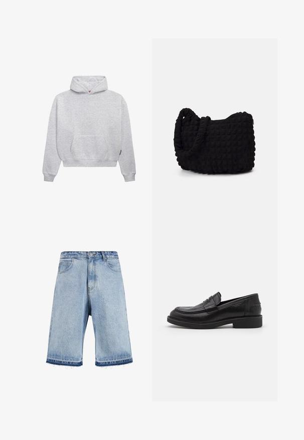 Svijetlosivi pulover s kapuljačom izrađen od mekog pamuka u kombinaciji s drugim materijalima. Sadrži kengurua džep, rebraste manžete i kapuljaču s vezicom uz minimalistički dizajn.; Svijetloplave traper kratke hlače s izfrčanom rubom, imaju klasičan dizajn s pet džepova i prednje kopčanje na dugme. Blago izblijedjeli pranje.; Crne kožne mokasine sa zaobljenim vrhom, toniranim šivima i detaljem trake na prednjem dijelu. Gumeni đon s niskom petom.; Crna platnena torba s teksturiranim, kviltanim uzorkom. Okrugli oblik, kratke, debele ručke i meka, fleksibilna struktura.