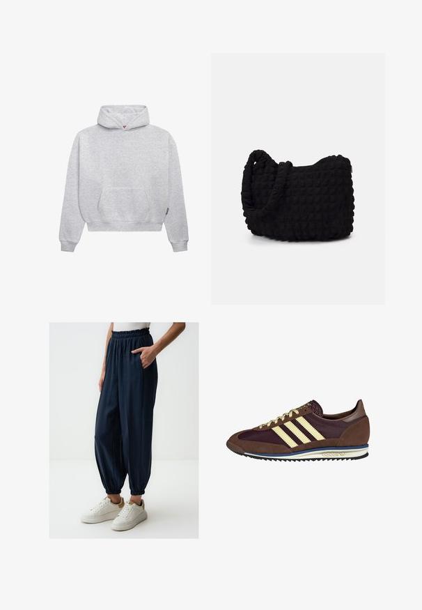 Haut de hoodie gris clair en coton mélangé doux. Il comporte une poche kangourou, des poignets côtelés et une capuche à cordon avec un design minimaliste.; Pantalons coupe ajustée en bleu marine, légers, avec une taille élastique et des chevilles côtelées, dotés de poches latérales. Portés avec des baskets blanches.; Baskets marron et bordeaux avec des matériaux en daim et en maille, présentant trois rayures crème, un tissu texturé sur la languette et une semelle en caoutchouc.; Sac en tissu noir avec un motif texturé et matelassé. Forme arrondie, poignées courtes et épaisses, et structure souple et flexible.
