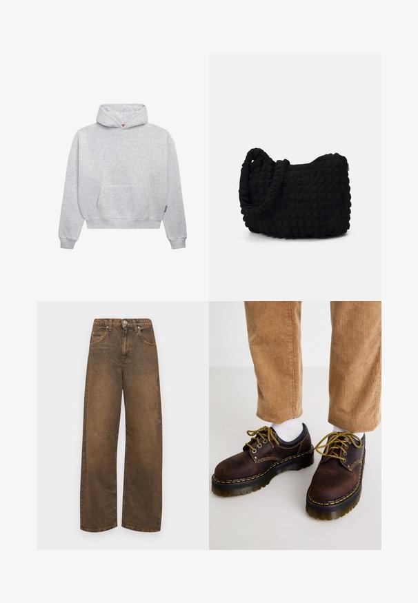 Sudadera ligera gris claro hecha de una suave mezcla de algodón. Cuenta con un bolsillo tipo canguro, puños acanalados y una capucha con cordón con un diseño minimalista.; BDG Urban Outfitters LOGAN - Pernera ancha - rust tint; Zapatos de cuero marrón con costuras amarillas, punta redonda, suela gruesa y detalles en negro contrastantes. Llevados con calcetines blancos y pantalones de pana.; Bolsa de tela negra con un patrón texturizado y acolchado. Forma redondeada, asas cortas y gruesas, y una estructura blanda y flexible.