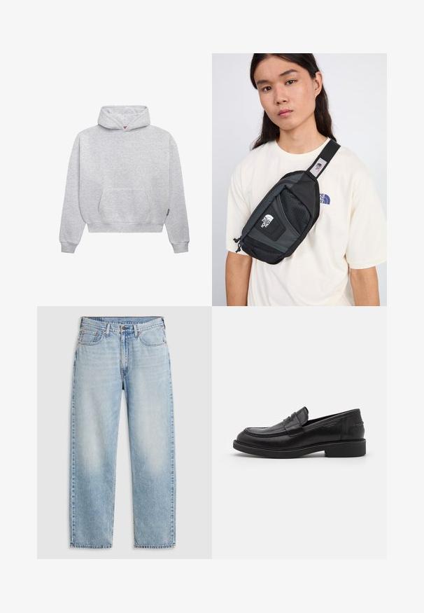 Gaiši pelēks džemperis kapucei, kas izgatavots no mīksta kokvilnas maisījuma. Iezīmējas ar kangoru kabatu, ribotām piedurknēm un kapuci ar auklu, kā arī minimālisma dizainu.; Gai zilgani taisnajā bikses ar piecām kabatām, metāla pogas aizdare un izbalinājumi uz augšstilbiem un ceļgaliem, izliktas plakani uz balta fona.; Melnas ādas loafers ar noapaļotu purngali, tonāls šuvums un siksna fronē. Gumijas zole ar zemu papēdi.; The North Face PACK UNISEX - Jostas soma - black/asphalt grey