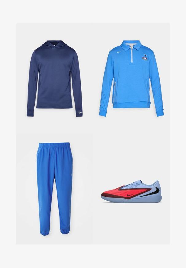 Modra pulover kapuca iz mehkega materiala, s snemljivim ovratnikom, izvezenim logotipom na prsih in stranskimi žepi na zadrgo.; Temno modra dolga majica s kapuco, mehak material z teksturno zasnovo, z sprednjim žepom, vrvico za nastavitev kapuce in majhnim belim logotipom na rokavu.; Modre atletske hlače z elastičnim pasom, ravnim krojem in zoženimi manšetami. Značilnost je Nike logo v zlatem na levi strani.; Nike športni čevelj s spletom v modri barvi, rdečimi poudarki, teksturiranim dizajnom in črnim logotipom. Guma podplat s vzorčenim oprijemom.