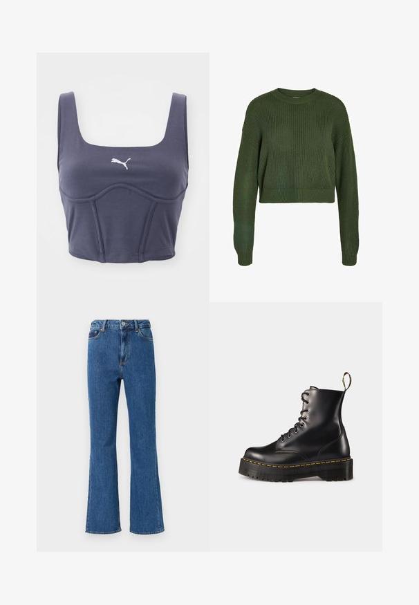 Suéter recortado de color verde oliva con textura acanalada, escote redondo y mangas largas. Presenta un corte holgado y un patrón de punto en toda la prenda.; Sujetador deportivo azul marino con escote cuadrado, que presenta un logo blanco de Puma y una tela texturizada con costuras en panel para un diseño ajustado.; Jeans de campana de cintura alta confeccionados en denim azul. Incluyen un cierre de botón, bolsillos frontales y detalles de costura mínimos.; Botas de tobillo negras de cuero con cordones, con una suela negra gruesa y costuras amarillas. Presentan una lengüeta en la parte trasera y ojales metálicos circulares.