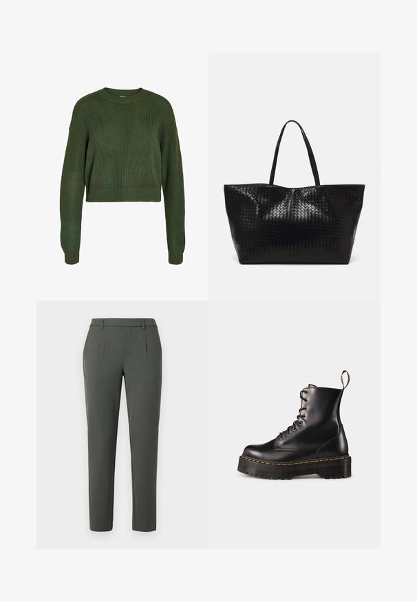 Pull court vert olive avec une texture côtelée, un col rond et des manches longues. Caractéristiques d'une coupe décontractée et d'un motif tricoté sur l'ensemble.; Pantalon vert foncé avec une coupe ajustée, doté de deux poches latérales, d'une braguette zippée et de détails de pli pour un design structuré.; Bottes chelsea en cuir noir avec lacets, à semelle épaisse noire et couture jaune. Comprend une anse à l'arrière et des œillets en métal circulaires.; Sac fourre-tout tissé noir avec deux poignées robustes, présentant une texture brillante et un design à ouverture spacieuse.