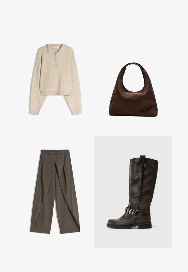 Beżowy wełniany sweter polo z kołnierzykiem, z zapięciem na guziki, krótkim krojem oraz długimi, lekko oversize'owymi rękawami zakończonymi ściągaczami.; Spodnie o szerokich nogawkach wykonane z teksturowanej, ciemnoszarej tkaniny. Posiadają fałdy z przodu, zapięcie na guzik oraz boczne kieszenie dla wygody.; Tamaris - Kowbojki i obuwie motocyklowe; Miękka, brązowa torebka w stylu hobo z jedną szeroką rączką i wyprofilowanym otwarciem, wyeksponowana na białym tle.