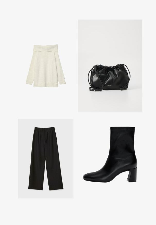 Stradivarius EXPOSED SHOULDER - Neule - white; Mustat leveälahkeiset housut, joissa on joustava vyötärö, esitetty litteänä vaalealla taustalla.; Musta nilkkuri, joka on valmistettu sileästä nahasta. Varustettu neliömäisellä kärjellä, joustavalla yläpäällä ja paksulla korolla vakauden vuoksi. Minimalistinen muotoilu.; Musta nahkainen käsilaukku, jossa on kerroksellinen muotoilu, kaksinkertainen nauhakiinnitys ja irrotettava olkahihna. Sisältää metallisen logo-yksityiskohdan.