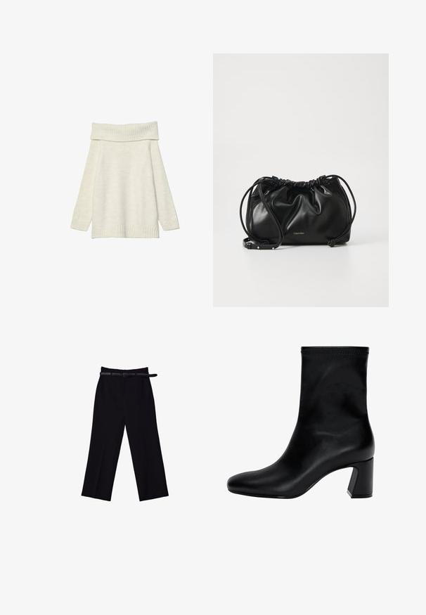 Stradivarius EXPOSED SHOULDER - Pulover - white; Črne široke hlače z gladko teksturo. Imajo prilegajoč pas, zanke za pas in sprednje žepi.; Črne gležnjarje iz gladke usnjene obutve. Imajo kvadratni nos, elastičen vrh in široko peto za stabilnost. Minimalističen dizajn.; Črna usnjena torbica z nabranim dizajnom, dvojno zategovalno zapiranje in snemljivim naramnim trakom. Ima kovinski logotip.