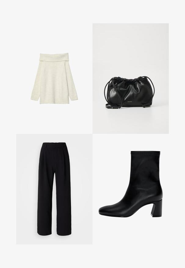 Stradivarius EXPOSED SHOULDER - Vesta - white; Crne široke hlače izrađene od glatkog materijala. Imaju uski pojas i prednje nabore za dodatni volumen. Krojene su.; Crne gležnjače od glatke kože. Imaju kvadratni vrh, elastični gornji dio i masivnu petu za stabilnost. Minimalistički dizajn.; Crna kožna torba s nabranim dizajnom, dvostrukim zatvaranjem na vezicu i odvojivim remenom za rame. Ima metalni logo detalj.