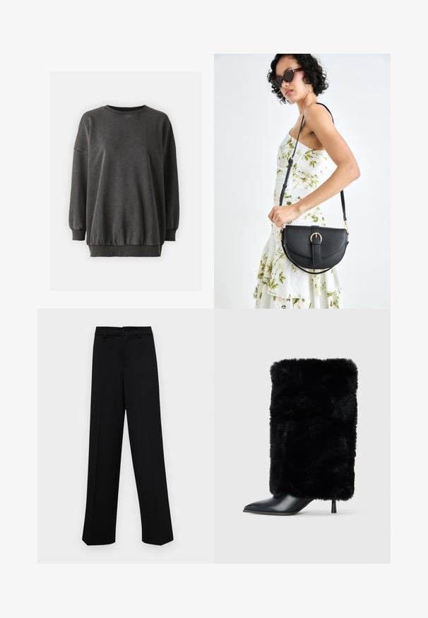 ONLY ONLLUCINDA O NECK - Sweatshirt - black; Black wide-leg trousers made of smooth fabric, featuring a classic waistband with a button closure and front pleats.; Black ankle boot with a pointed toe and stiletto heel, featuring a plush black faux fur shaft. Smooth leather accent on the toe.; Black leather handbag with a curved shape, detachable strap, and gold hardware. The bag features a flap with a buckle detail.