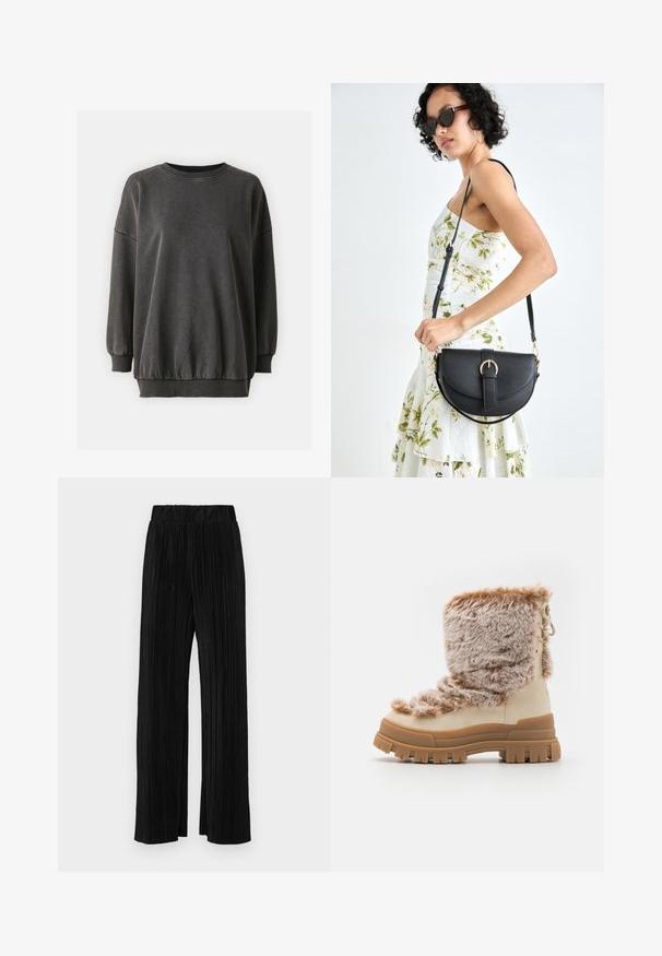 ONLY ONLLUCINDA O NECK - Sweatshirt - black; Black pleated trousers with an elastic waistband. Features wide legs and a smooth, textured fabric with vertical stripes.; Beige ankle boots with a soft, faux fur upper and textured rubber sole. Features a chunky design and lacing detail on the side.; Black leather handbag with a curved shape, detachable strap, and gold hardware. The bag features a flap with a buckle detail.