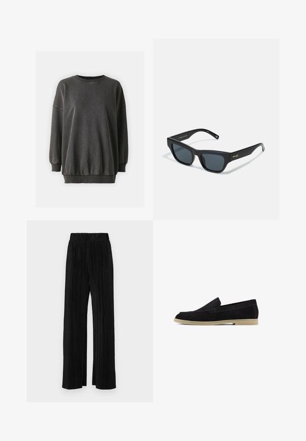 ONLY ONLLUCINDA O NECK - Sweatshirt - black; Pantalons plissés noirs avec une taille élastique. Présente des jambes larges et un tissu lisse texturé avec des rayures verticales.; Mocassins en cuir suédé noir avec une semelle plate beige, présentant un design cousu et un style slip-on élégant, adaptés pour un usage décontracté.; Lunettes de soleil noires rectangulaires avec des verres gris, une monture en plastique épais et un accent doré sur la branche. Fini mat avec une texture lisse.; Sac à main en cuir noir avec une forme courbée, bandoulière amovible et des accessoires en or. Le sac est doté d'un rabat avec un détail de boucle.