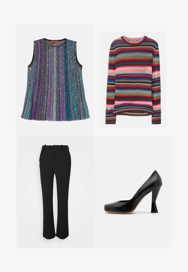 Brunet langærmet sweater med striber og ribbet tekstur; farverne inkluderer rød, blå, grøn, pink og brun med en rund halsudskæring.; Missoni TANK - Top - dark tones multicolor; Sorte skræddersyede bukser med en glat finish, lige ben design og en taljeelastik. Har diskrete stikninger og ingen lommer.; Sort læder højhælede sko med firkantet tå og en unikt formet, blank sort hæl. Glat tekstur og enkelt design.