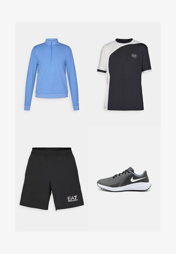 Błękitny pulower wykonany z miękkiego, teksturowanego materiału. Posiada kołnierz z ćwierć zamkiem oraz długie rękawy z dopasowanymi mankietami. Logo Nike na rękawie.; Koszulka z krótkim rękawem z dwukolorowym wzorem w czerni i bieli, o gładkiej fakturze, z logo EA7 z przodu.; Czarne szorty sportowe wykonane z lekkiego materiału, z elastycznym paskiem w talii. Posiadają białe logo EA7 na dolnej prawej stronie.; Czarne i szare siateczkowe buty sportowe Nike z białym logo swoosh, lekką konstrukcją i teksturowaną gumową podeszwą zapewniającą przyczepność.