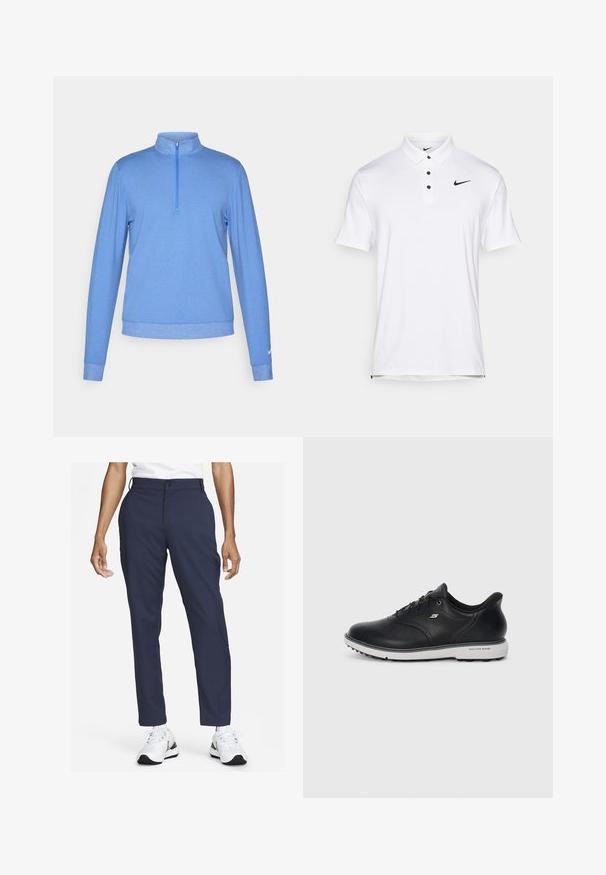 Light blue pullover made of a soft, textured fabric. Features a quarter-zip collar and long sleeves with fitted cuffs. Nike logo on sleeve.; White Nike polo shirt with a classic collar, three black buttons, and a small black logo on the upper left side. Short sleeves, smooth texture.; Navy trousers made of smooth fabric with a straight leg design, featuring a front pocket and belt loops, paired with white sneakers.; Black leather lace-up Skechers sneaker with white sole, side logo, and textured grip on sole against plain light background.