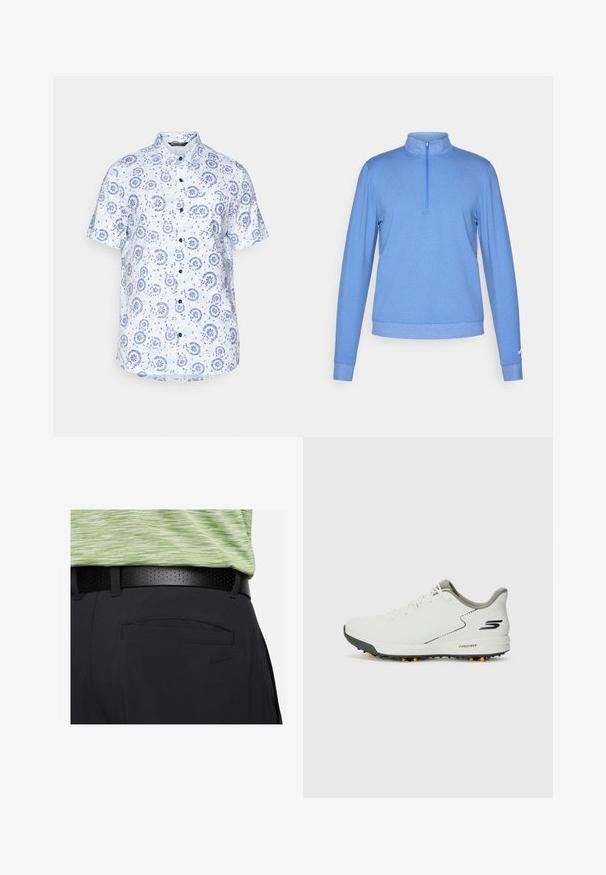 Lys blå genser laget av et mykt, teksturert stoff. Har en kvart glidelås i kragen og lange ermer med tettsittende mansjetter. Nike-logo på ermet.; Kortermet skjorte i lyseblått stoff med blomstermønster og sirkulært mønster, knappefront og spiss krage.; Nike golfbukser i sort, med en glat tekstur, bæltestropper, et perforeret sort bælte og en lomme, suppleret af en grønstribet skjorte.; Hvit idrettssko med en glatt overdel, grå detaljer og en teksturert svart såle med oransje pigger. Lett design med fokus på komfort.