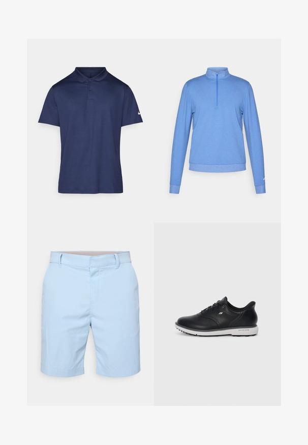 Lys blå genser laget av et mykt, teksturert stoff. Har en kvart glidelås i kragen og lange ermer med tettsittende mansjetter. Nike-logo på ermet.; Mørkeblå polo skjorte laget av glatt stoff, med krage, tre-knapp placket og en liten hvit logo på venstre erme.; Lyseblå shorts laget av glatt stoff. Har flat front med glidelås, beltehemper og rullet bensøm for et rent finish.; Sorte lær lissene Skechers-sneakers med hvit såle, side-logo og teksturert grep på sålen mot en enkel lys bakgrunn.